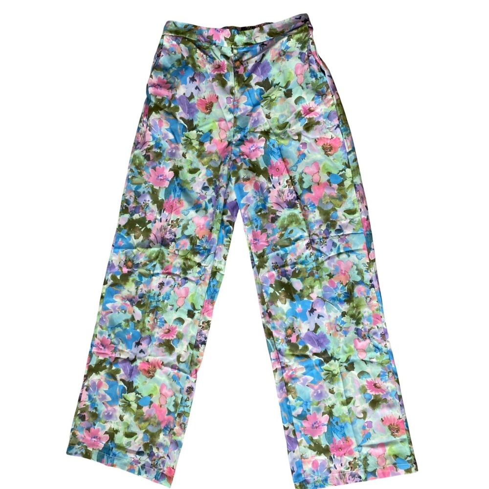 Floral Wide Leg Pants Womens M Multicolor Watercolor Trousers Festival‎ Garden